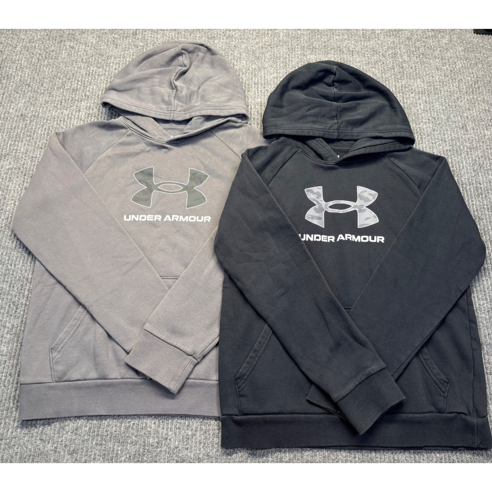 Under Armour Kids Fleece Hoodie Bundle Black Grey Camo Logo Youth Large Lot of 2